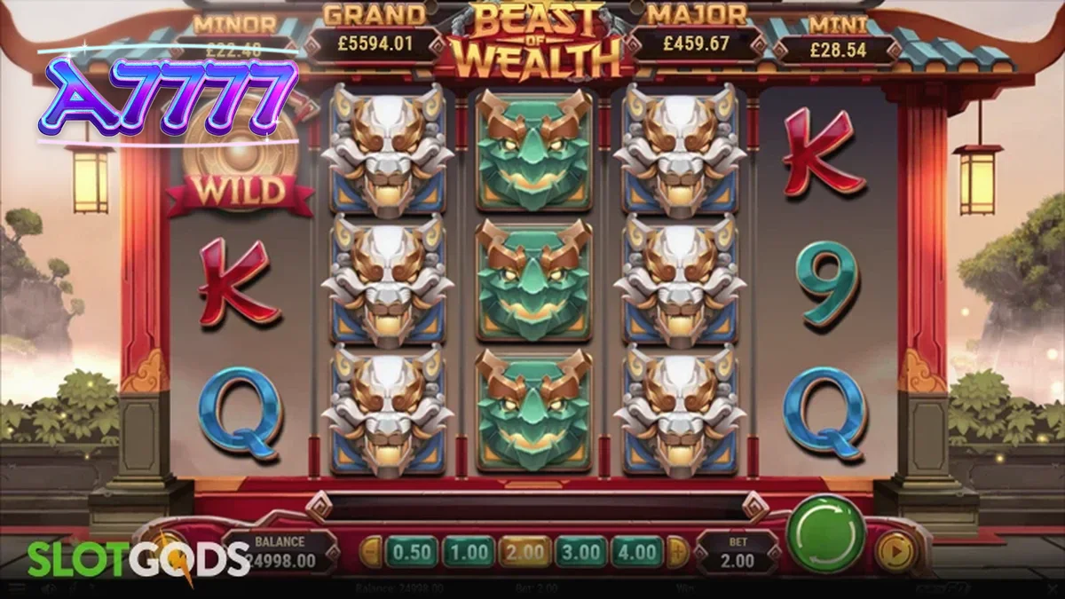 Tampilan visual slot Beast of Wealth dengan tema kuil Tiongkok