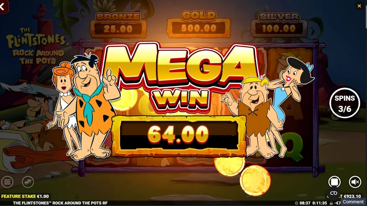 Tampilan visual slot The Flintstones: Rock Around The Pots dengan karakter Fred dan Barney